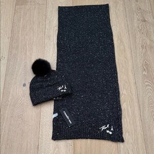 Karl Lagerfeld Black Sequin Hat and Scarf Set